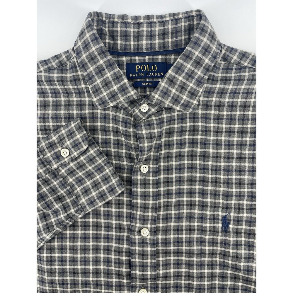 Polo Ralph Lauren Button Down Men Lg Grey Blue Plaid Slim Fit Long Sleeve Office